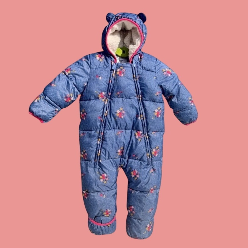 Baby Gap Floral Puffer Snowsuit Blue Denim Look Pink Trim Bear Ears 18-24M